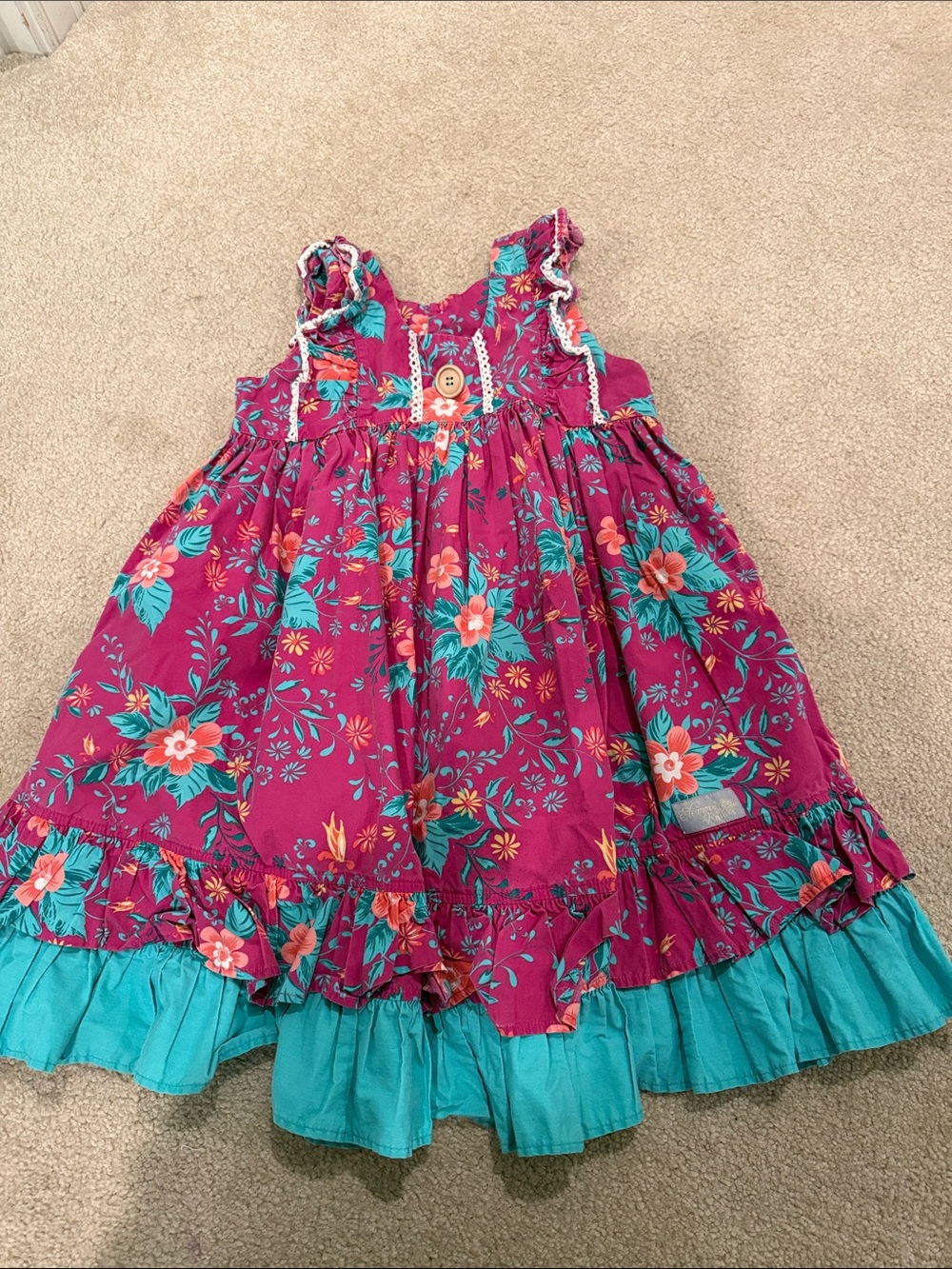 Girls Floral Ruffle Dress in Magenta & Teal